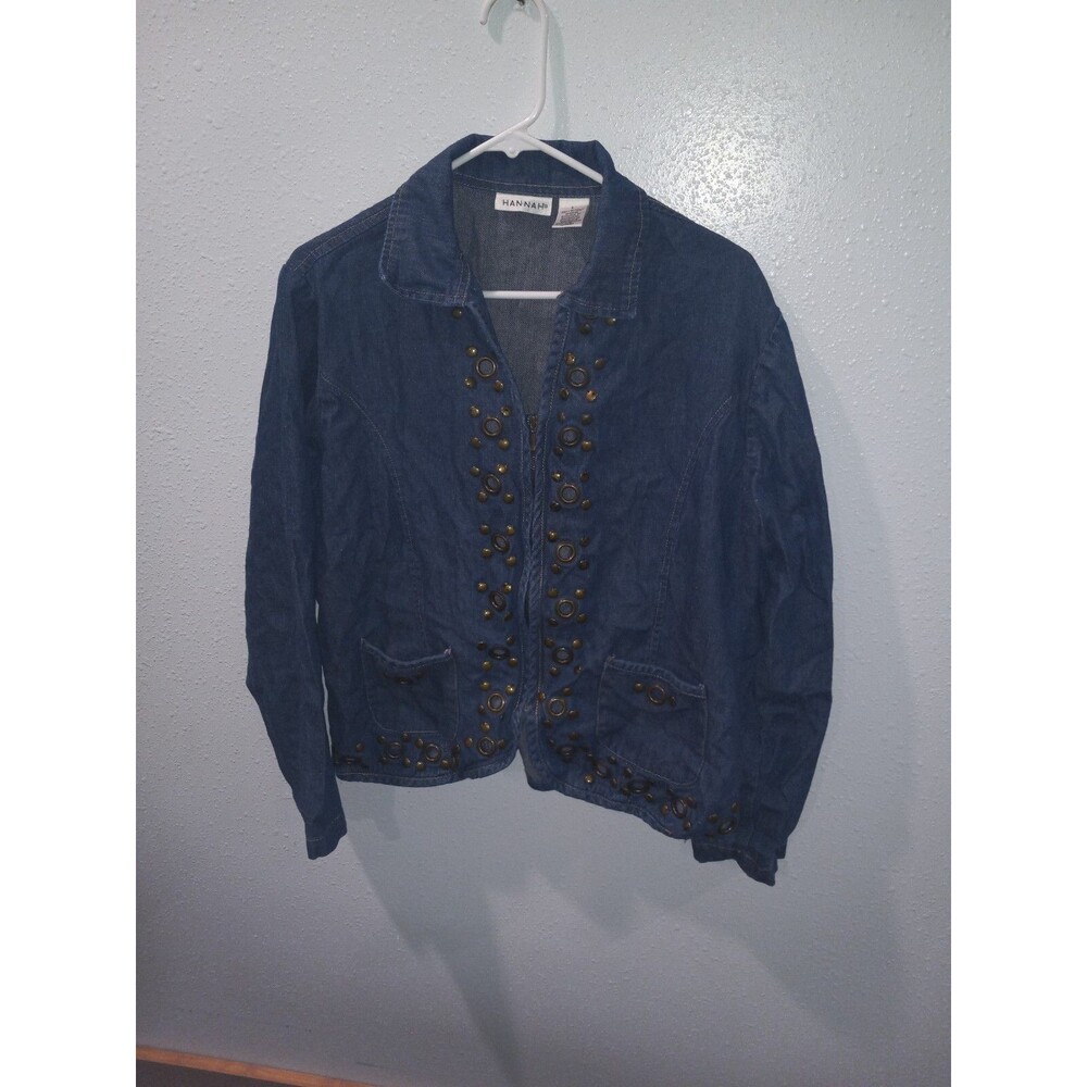 denim jean jacket embellishedwith metal brass circles L Hannah brand vintage
